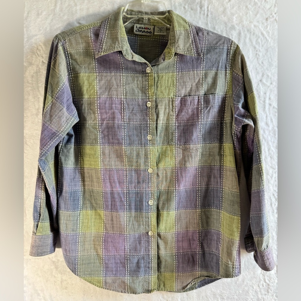 Vintage Lemon Grass Plaid Cotton Button Down Shirt Soft Grunge Pastel Y2K Size M